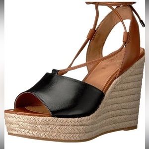Coach Dana Leather Black Saddle Lace Up Wedge Sandals Women